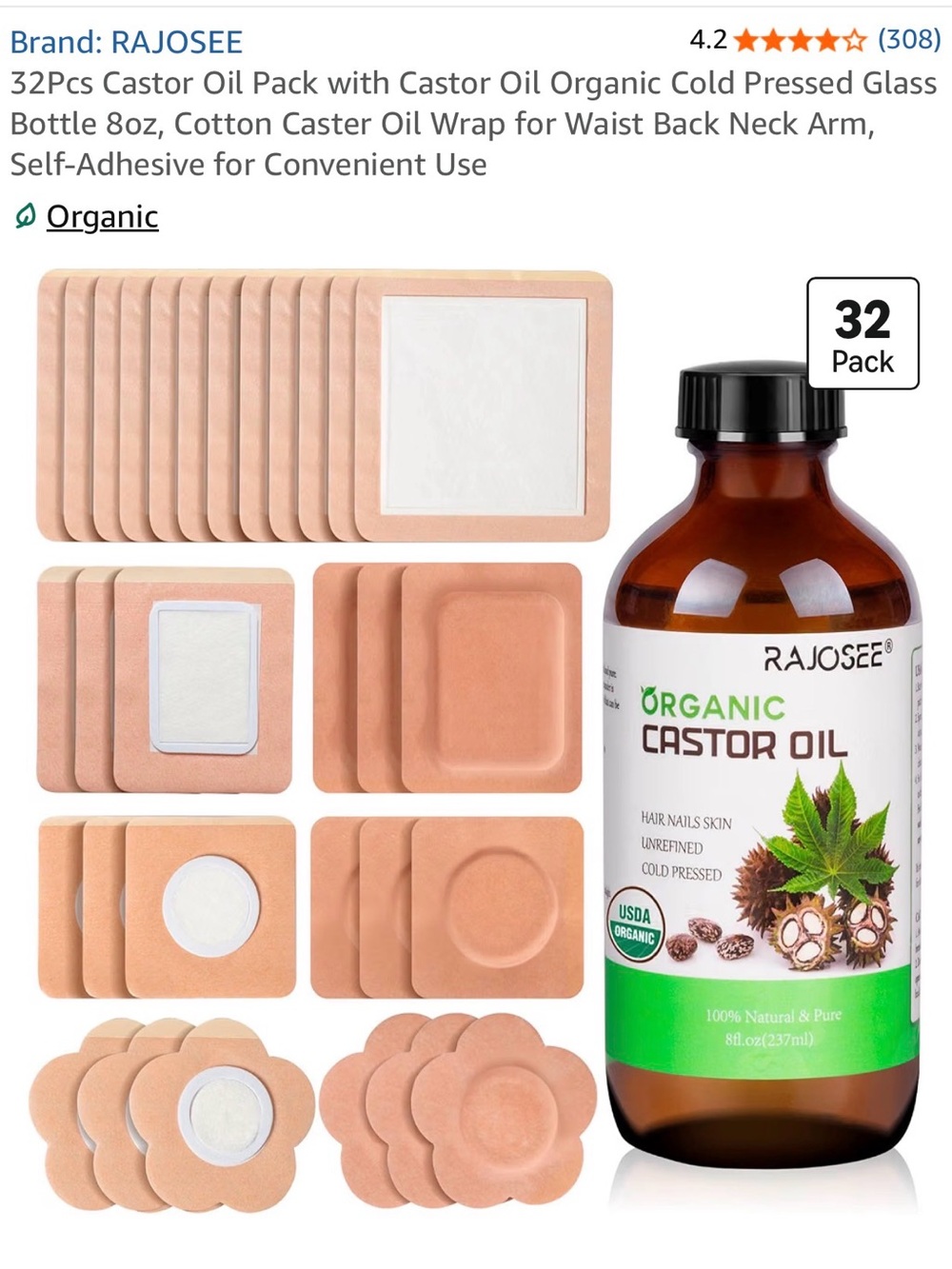 Rajosee Organic Castor Oil with Beige Reusable Pads